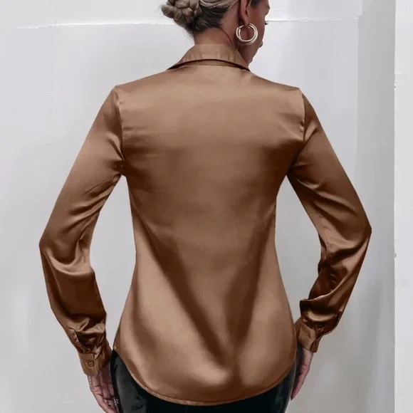 Satin silky button up down shirt sexy business professional casual holiday - Picture 4 of 15